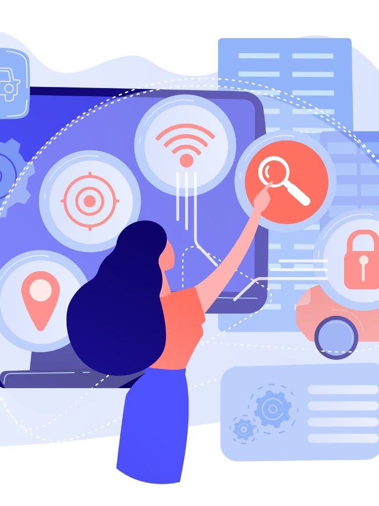 Graphic of woman surrounded by tech symbols, including location, wifi, search