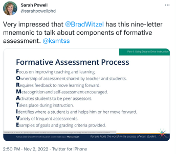 Twitter: Very impressed that @bradwitzel has this nine-letter mnemonic to talk about components of formative assessment