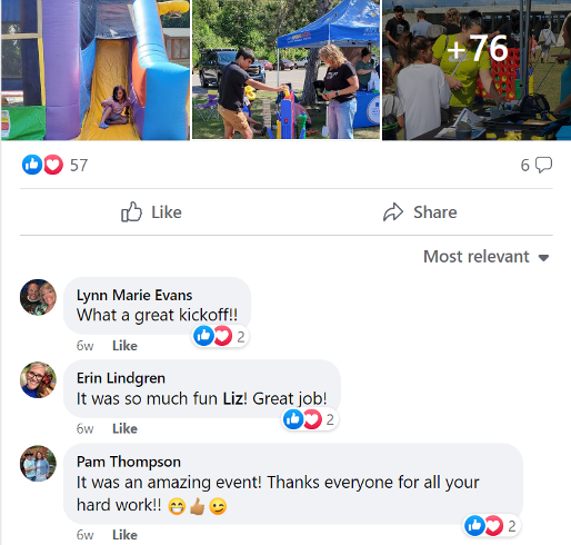 Facebook comments including, "What a great kickoff!" and "It was so much fun Liz! Great job!"