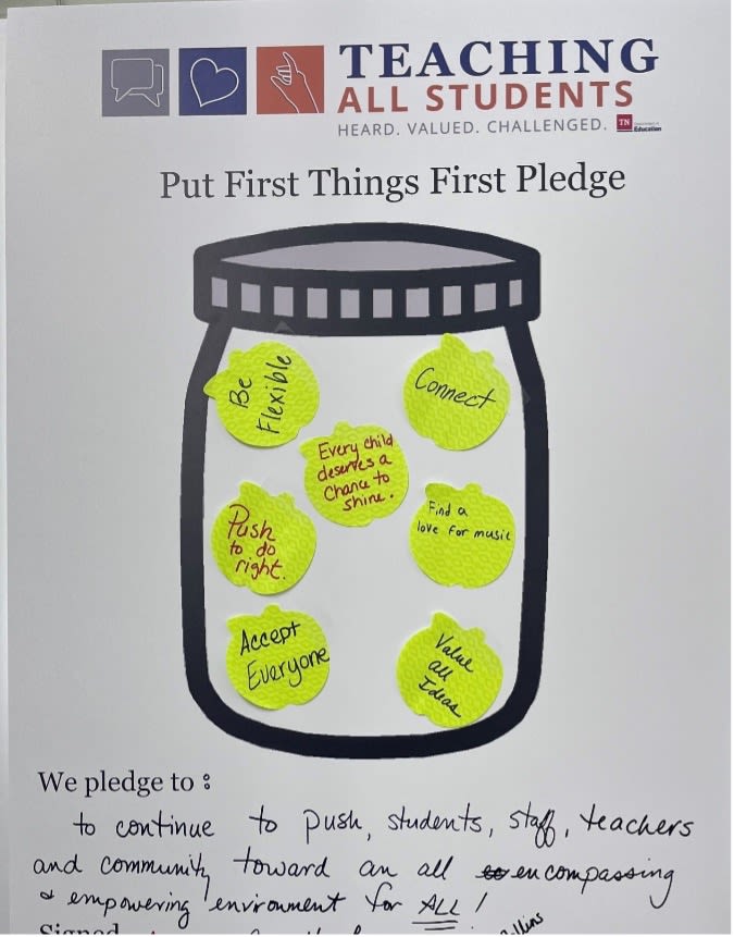 Put First Things First Pledges: sticky notes that say "connect," "be flexible," "accept everyone"